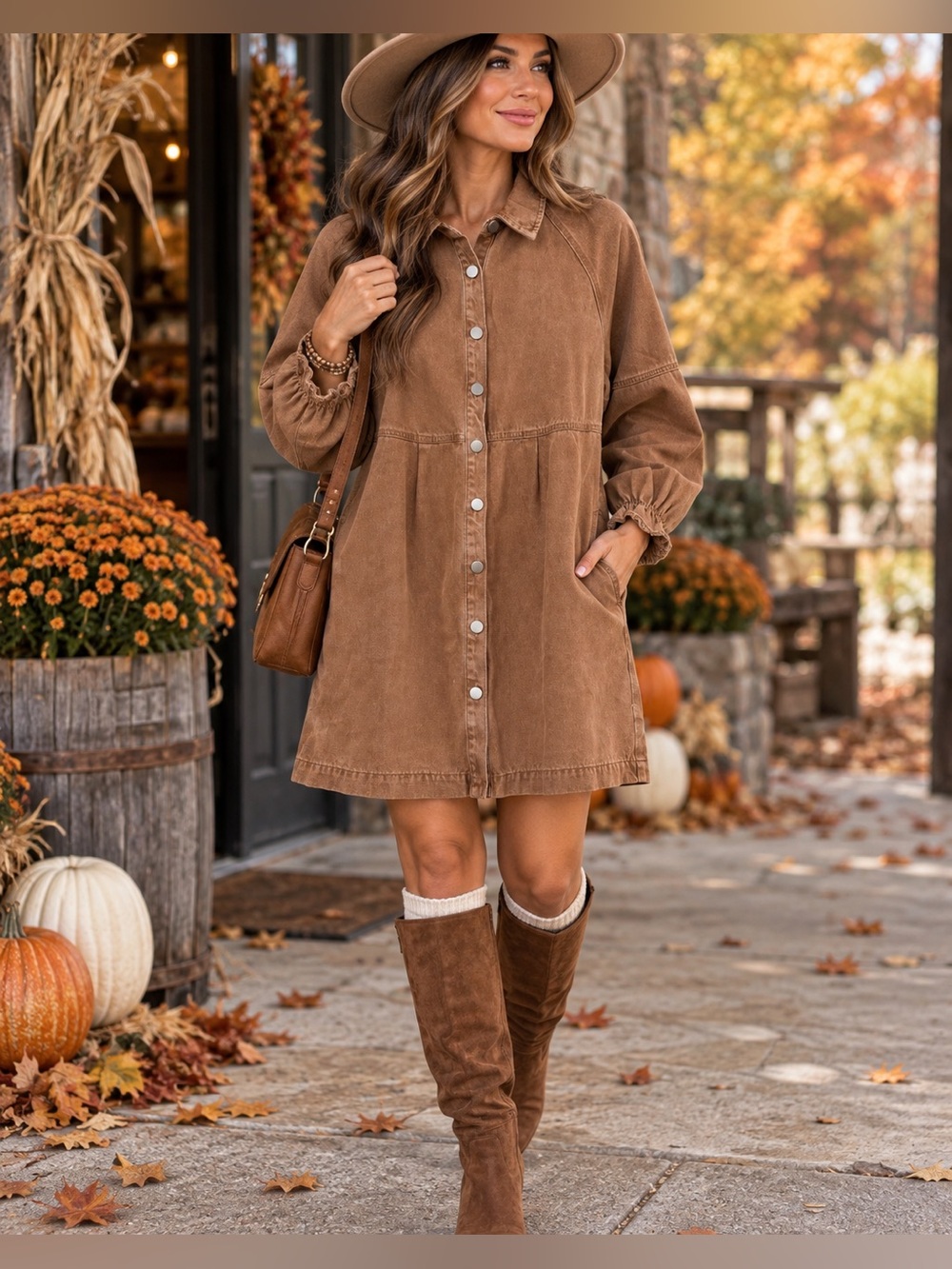 LovLov Brown Washed Denim Shirt Dress Mini Long Sleeve Boho Fall M